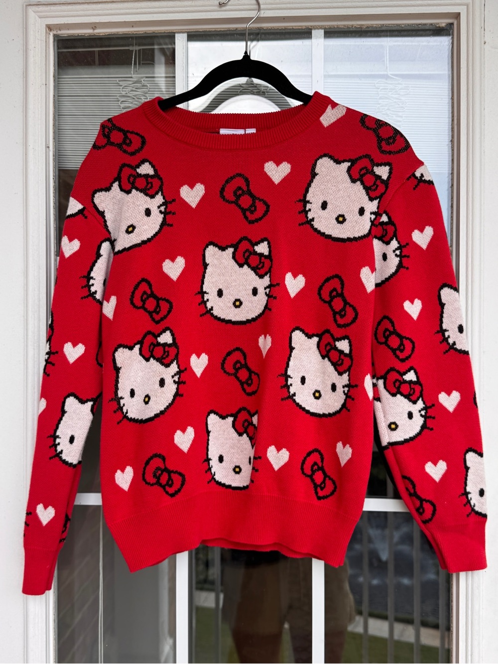 Hello Kitty Red Crewneck Sweater with Pink Faces & White Hearts